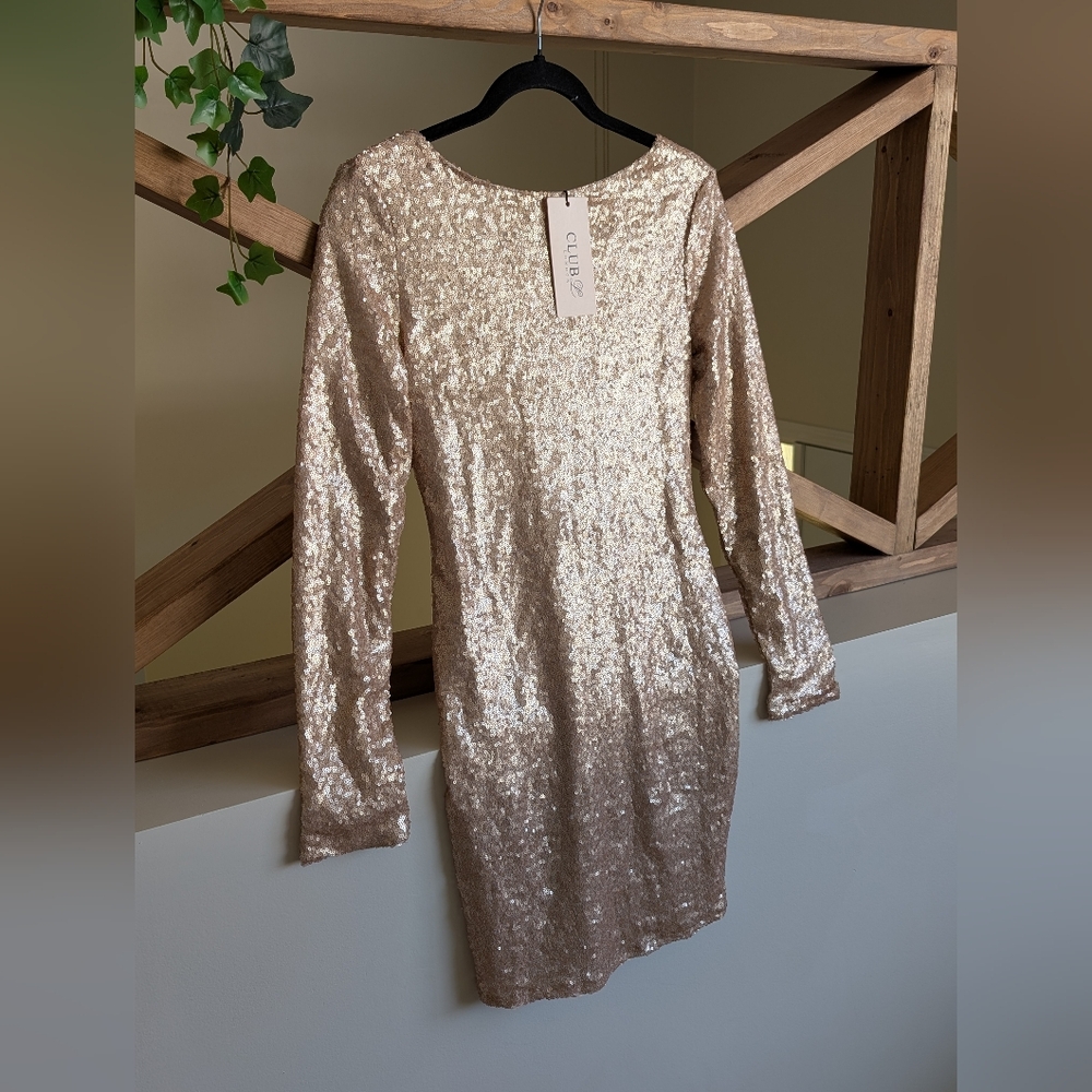 Club L London Rose Gold Sequin Long-Sleeve Mini Dress